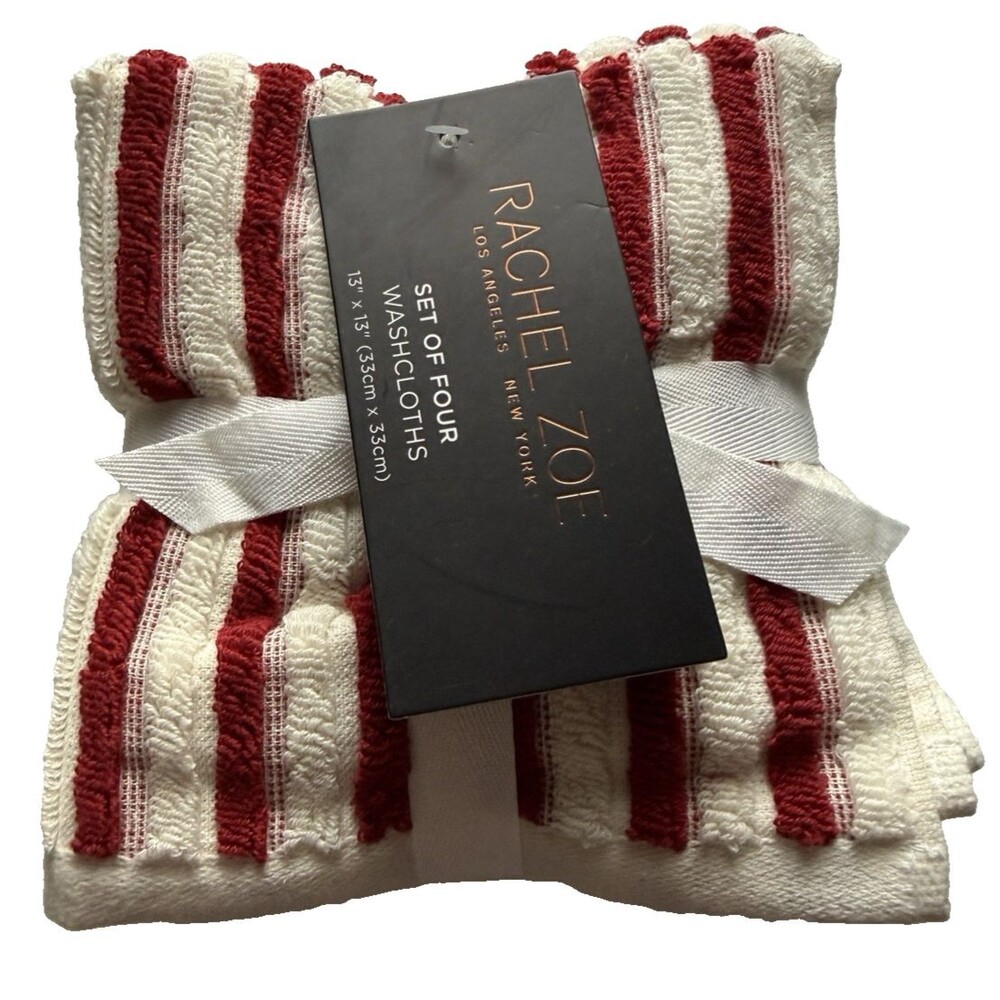 Rachel Zoe Facecloths Washcloths Soft Cotton 13x13" Striped Red Cream Set of 4